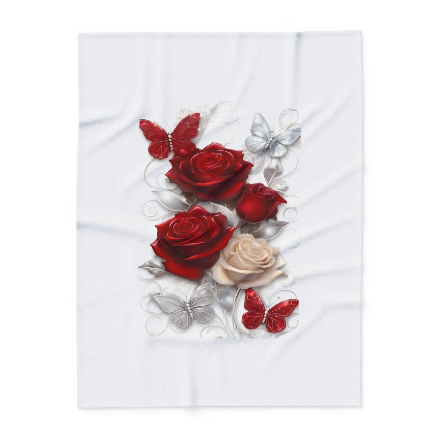 Romantic Floral Fleece Blanket, Cozy Throw, Gift for Her, Wedding or Anniversary Decor, Soft Home Accent, Red Roses & Butterflies