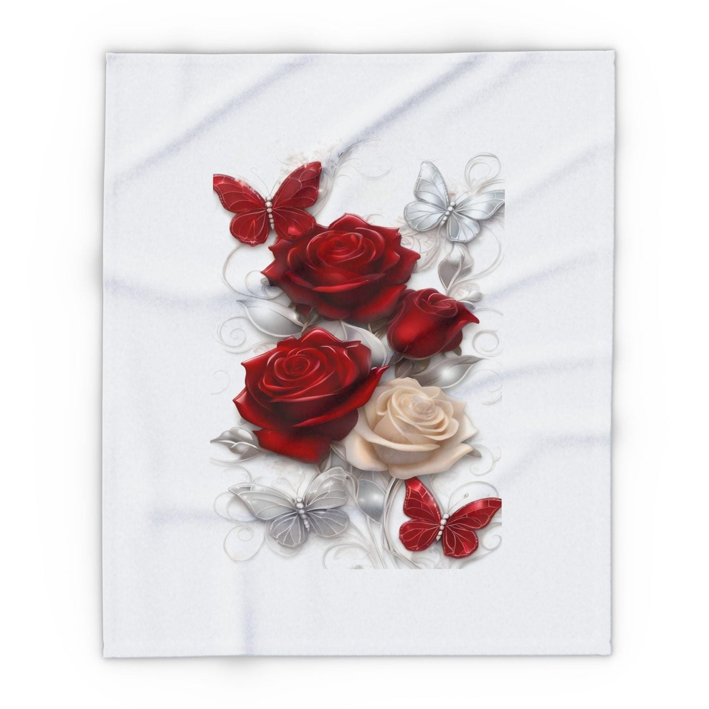 Romantic Floral Fleece Blanket, Cozy Throw, Gift for Her, Wedding or Anniversary Decor, Soft Home Accent, Red Roses & Butterflies