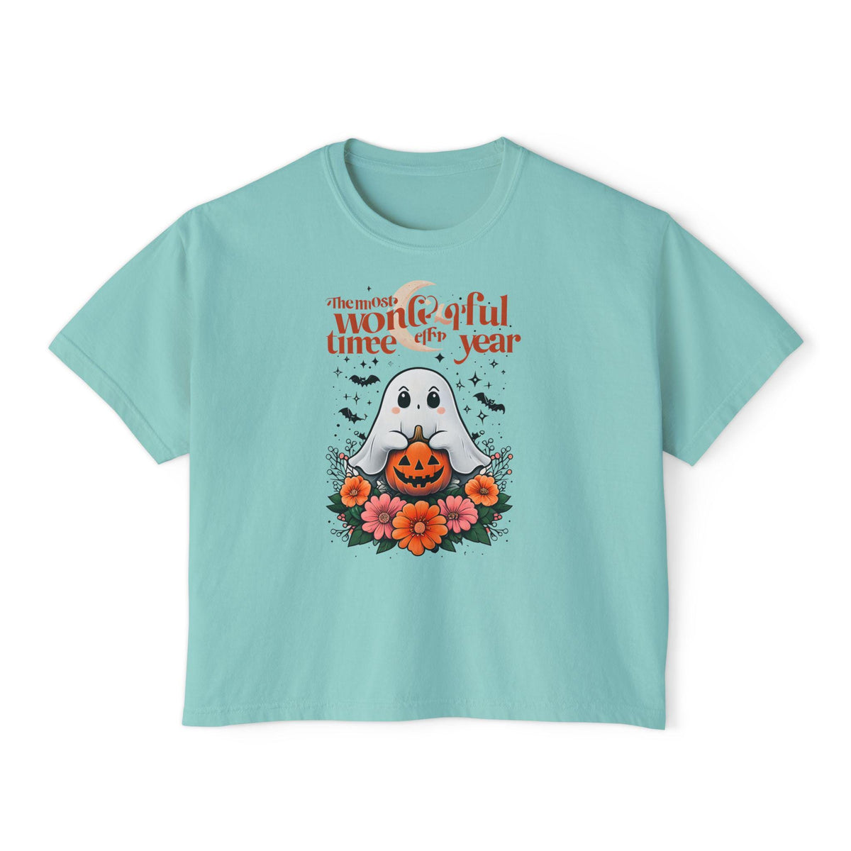 Halloween Ghost Floral Women's Boxy Tee, Spooky Season Shirt, Cute Fall Apparel, Halloween Gift, Ghost Lover Tee