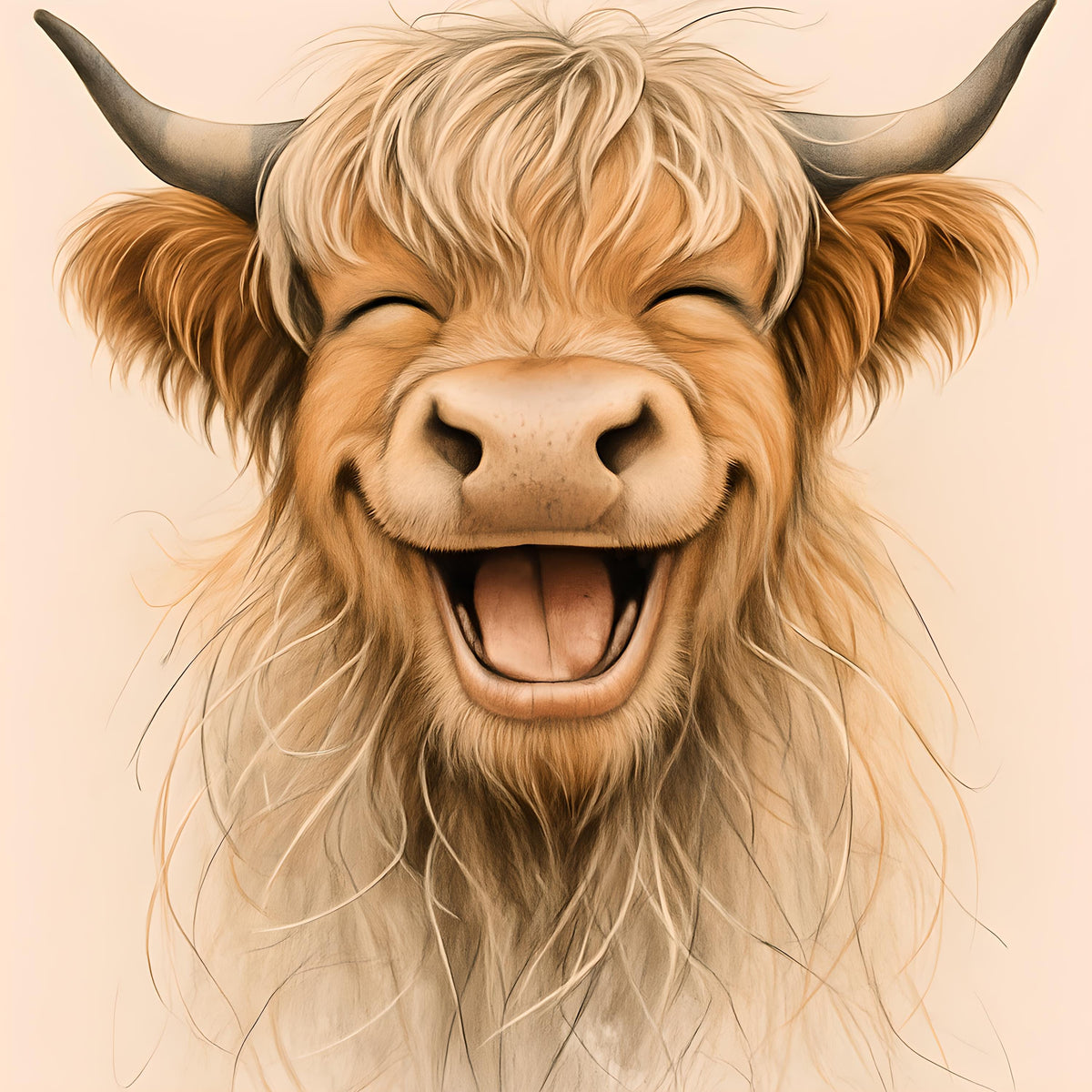 Smiling Highland Cow Portrait – Whimsical Animal Art Illustration