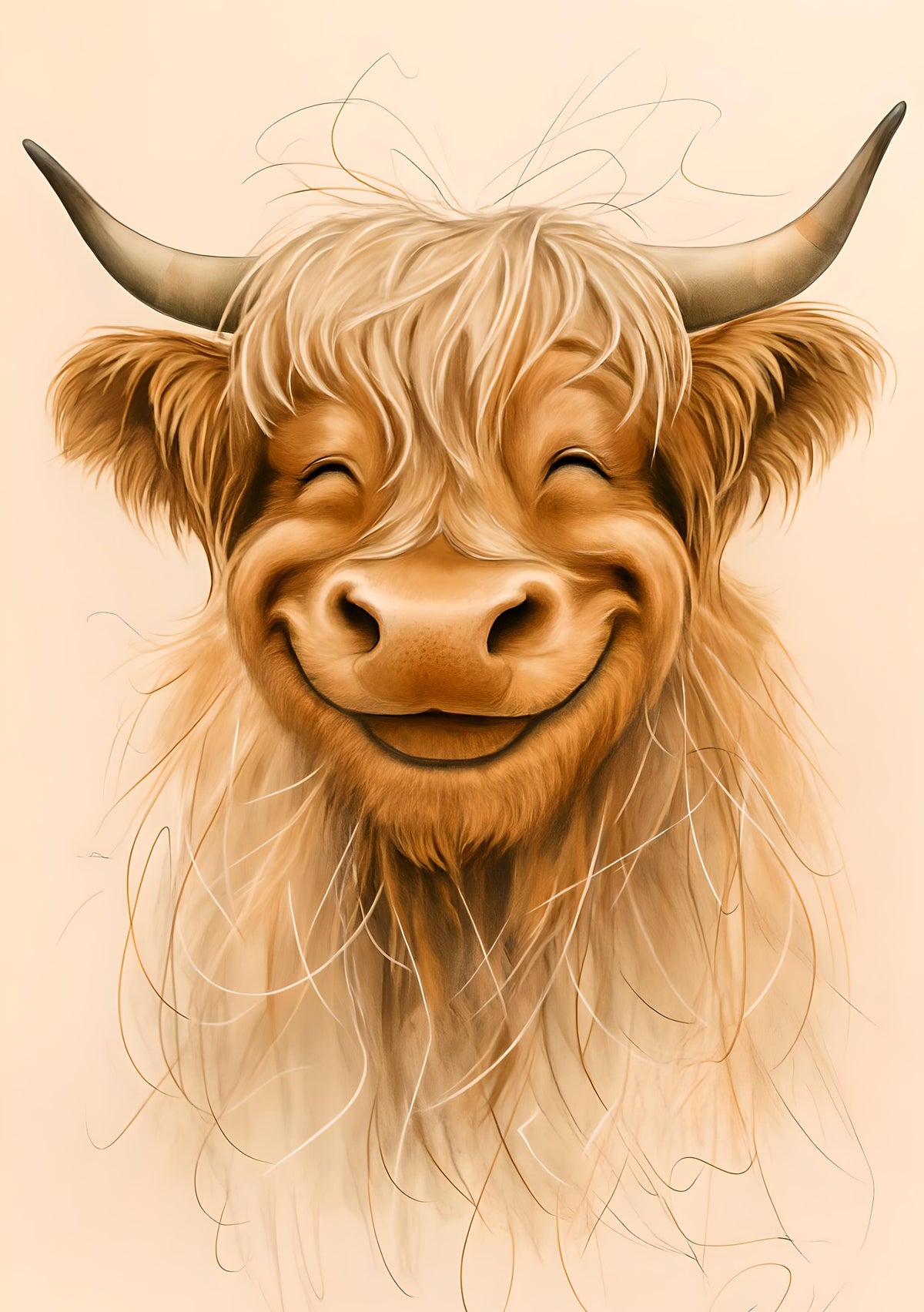 Smiling Highland Cow Portrait – Whimsical Animal Art Illustration