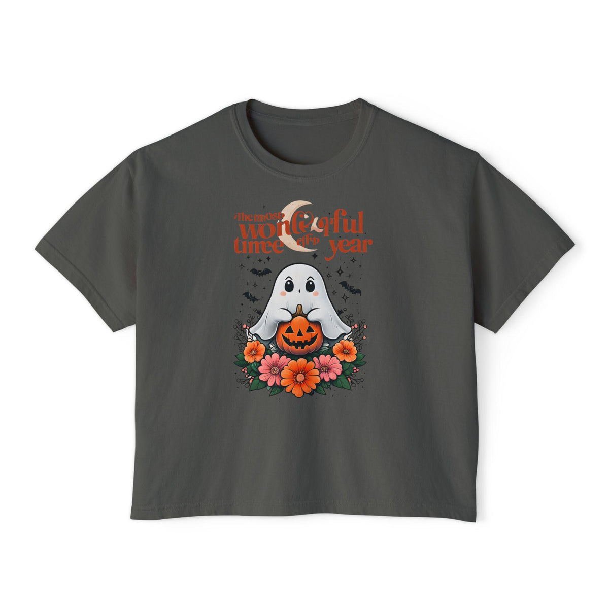 Halloween Ghost Floral Women's Boxy Tee, Spooky Season Shirt, Cute Fall Apparel, Halloween Gift, Ghost Lover Tee
