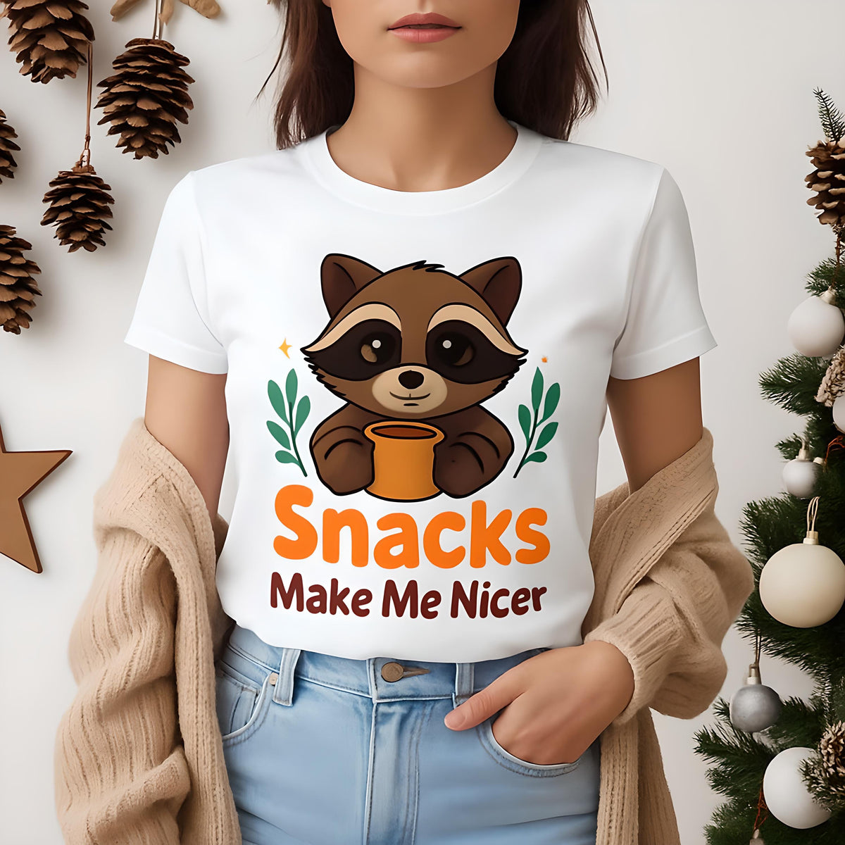 Adorable Cartoon Raccoon Holding Mug with Snacks Sticker