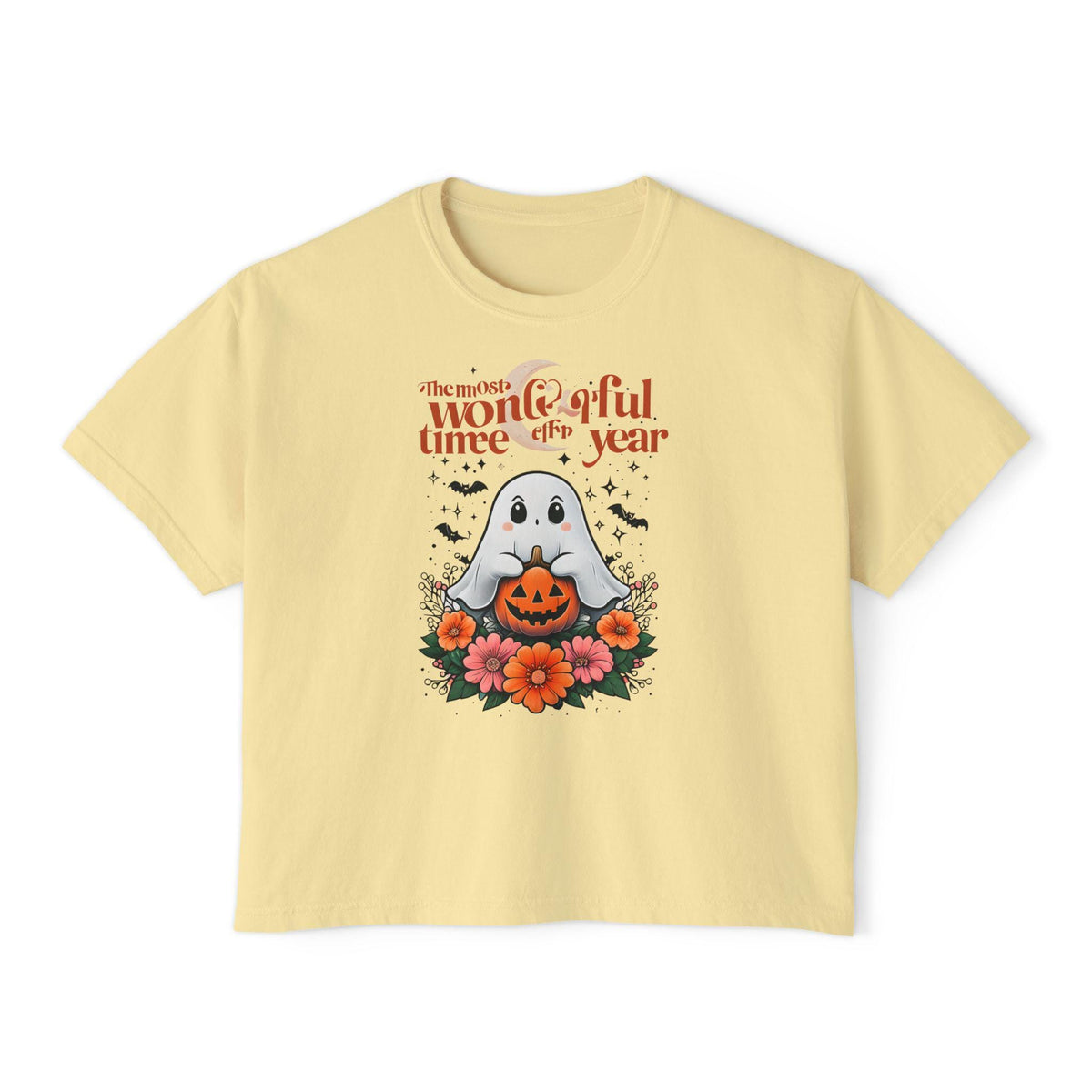 Halloween Ghost Floral Women's Boxy Tee, Spooky Season Shirt, Cute Fall Apparel, Halloween Gift, Ghost Lover Tee