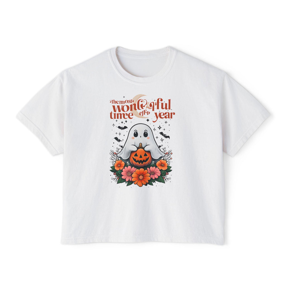 Halloween Ghost Floral Women's Boxy Tee, Spooky Season Shirt, Cute Fall Apparel, Halloween Gift, Ghost Lover Tee