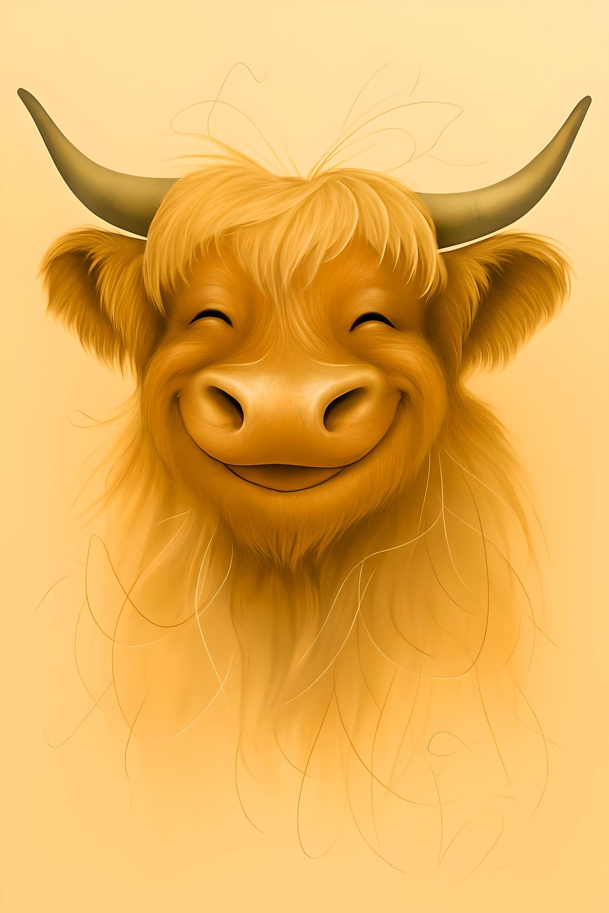 Smiling Highland Cow Portrait – Whimsical Animal Art Illustration