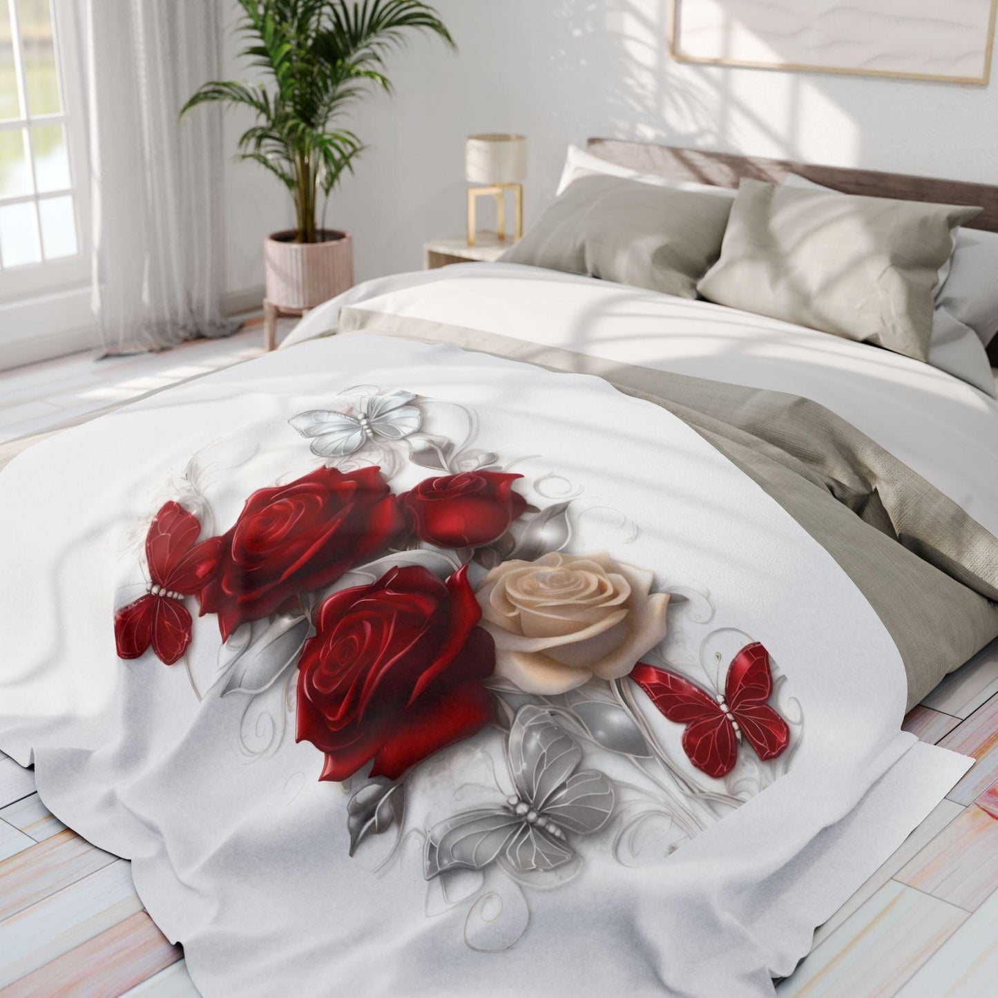 Romantic Floral Fleece Blanket, Cozy Throw, Gift for Her, Wedding or Anniversary Decor, Soft Home Accent, Red Roses & Butterflies