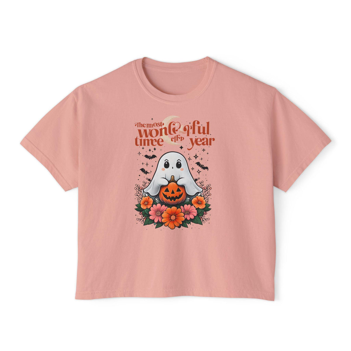 Halloween Ghost Floral Women's Boxy Tee, Spooky Season Shirt, Cute Fall Apparel, Halloween Gift, Ghost Lover Tee