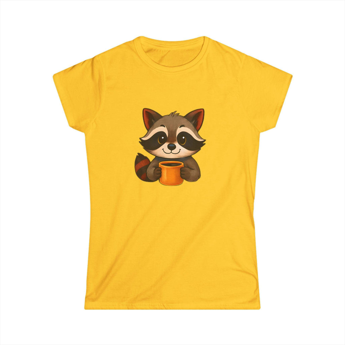 Cute Raccoon Women's Softstyle Tee - Perfect Gift for Animal Lovers, Casual Wear, Birthday Present, Nature Enthusiast, Coffee Lovers