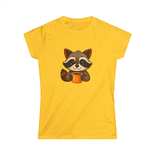 Cute Raccoon Women's Softstyle Tee - Perfect Gift for Animal Lovers, Casual Wear, Birthday Present, Nature Enthusiast, Coffee Lovers