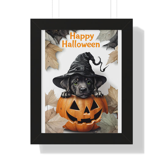 Halloween Framed Poster, Cute Dog Halloween Decor, Black Cat Wall Art, Spooky Home Decoration, Trick or Treat Gift, Fall Decor