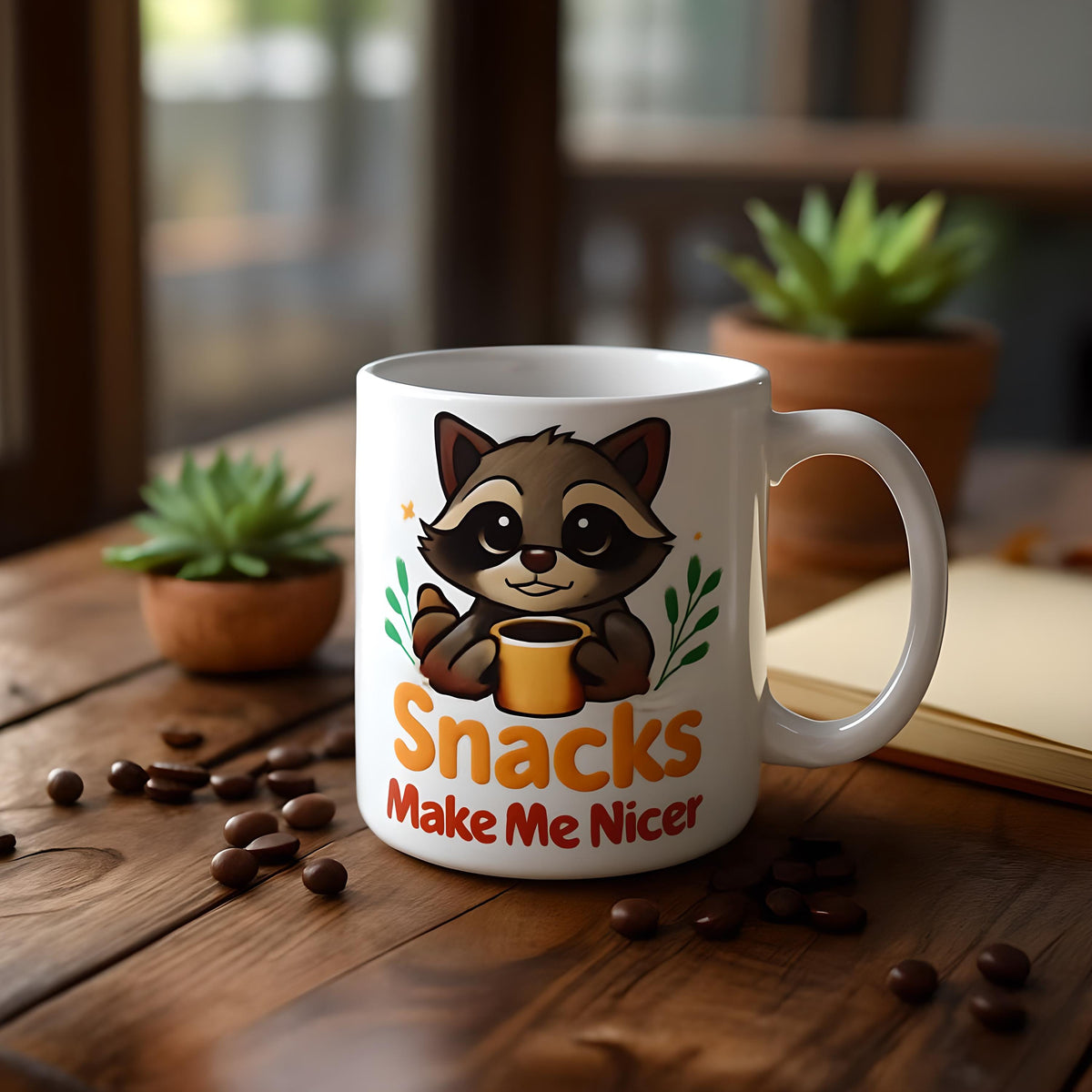 Adorable Cartoon Raccoon Holding Mug with Snacks Sticker