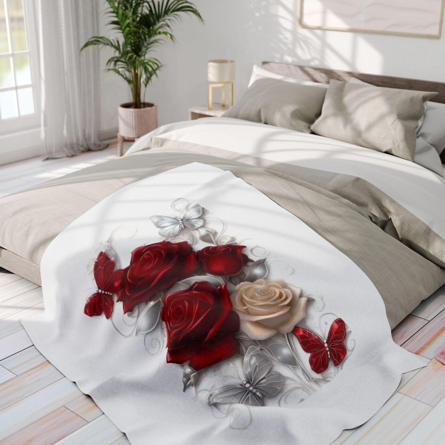 Romantic Floral Fleece Blanket, Cozy Throw, Gift for Her, Wedding or Anniversary Decor, Soft Home Accent, Red Roses & Butterflies