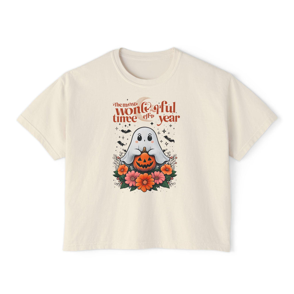 Halloween Ghost Floral Women's Boxy Tee, Spooky Season Shirt, Cute Fall Apparel, Halloween Gift, Ghost Lover Tee