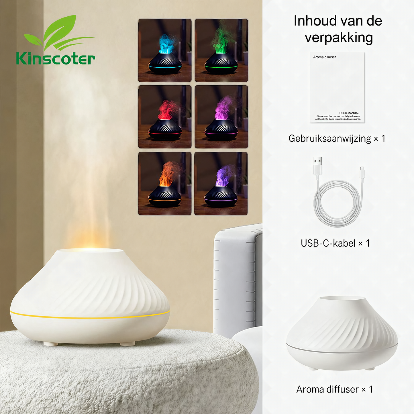 Kinscoter Flame Aroma Diffuser 130 ml | Vlameffect & Sfeerverlichting