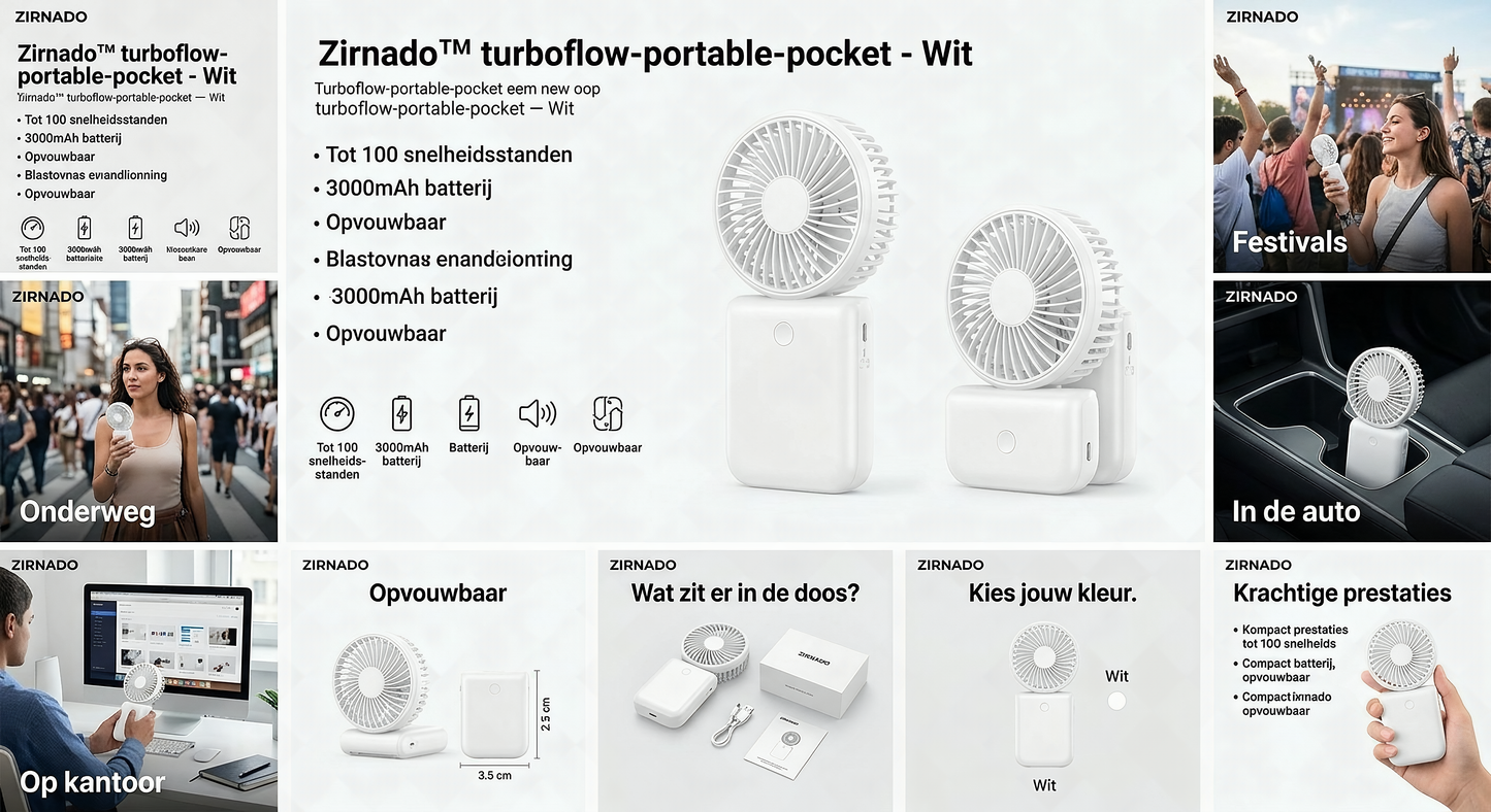 Zirnado™ TurboFlow™ – Oplaadbare Handventilator met Mistfunctie | 3 Snelheden | USB-C