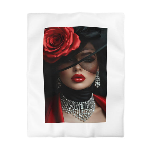 Elegant Woman In Glamorous Pose, Elegant Rose Duvet Cover, Glamorous Home Decor, Bedroom Makeover, Chic Bedding,