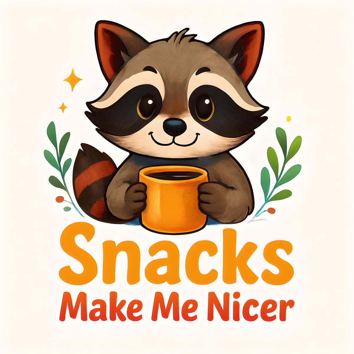 Adorable Cartoon Raccoon Holding Mug with Snacks Sticker