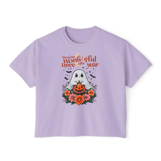 Halloween Ghost Floral Women's Boxy Tee, Spooky Season Shirt, Cute Fall Apparel, Halloween Gift, Ghost Lover Tee