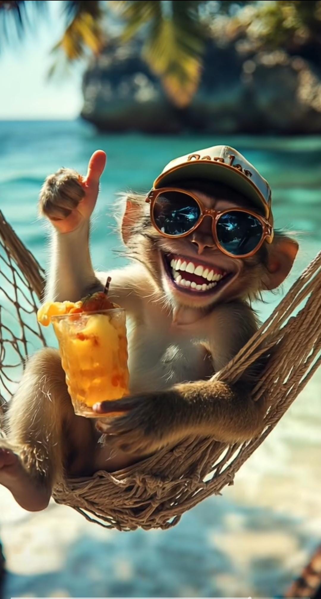 Charming Monkey Relaxing in Hammock with Tropical Drink