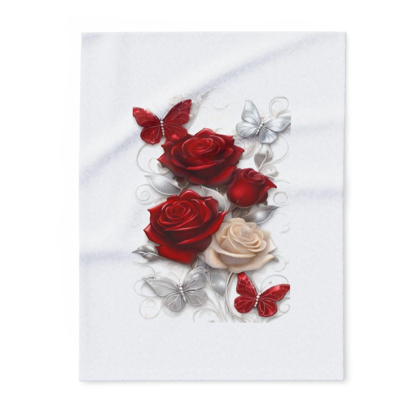 Romantic Floral Fleece Blanket, Cozy Throw, Gift for Her, Wedding or Anniversary Decor, Soft Home Accent, Red Roses & Butterflies