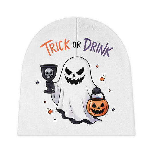 Baby Beanie - 'Trick or Drink' Halloween Hat, Cute Ghost Beanie, Infant Costume Accessory, Spooky Baby Gift, Seasonal Baby Beanie