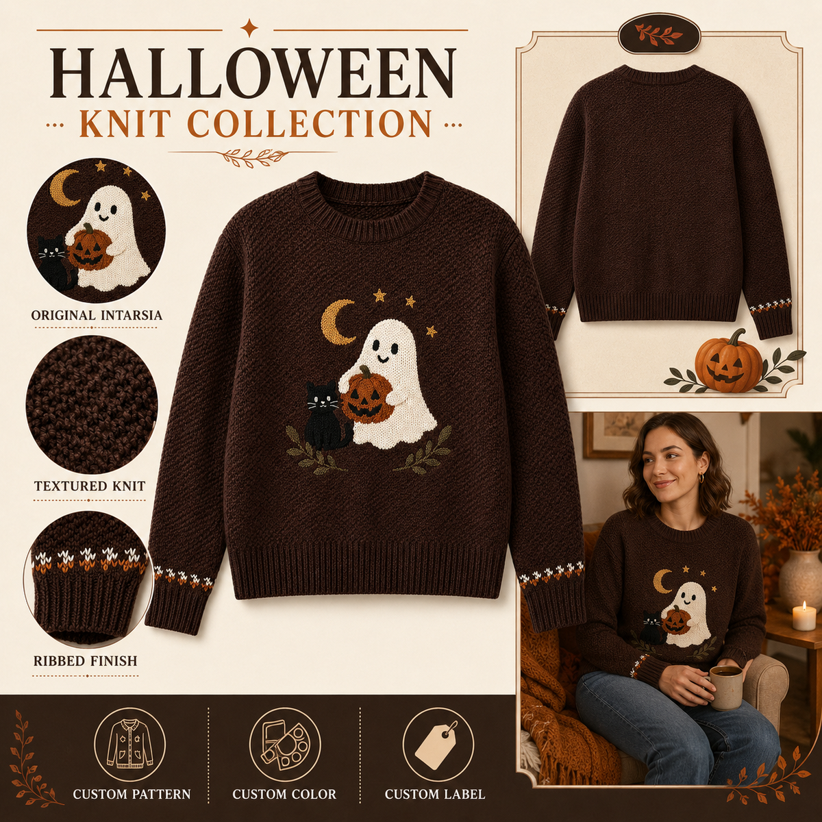 Boo & Whiskers gebreide Halloween trui details