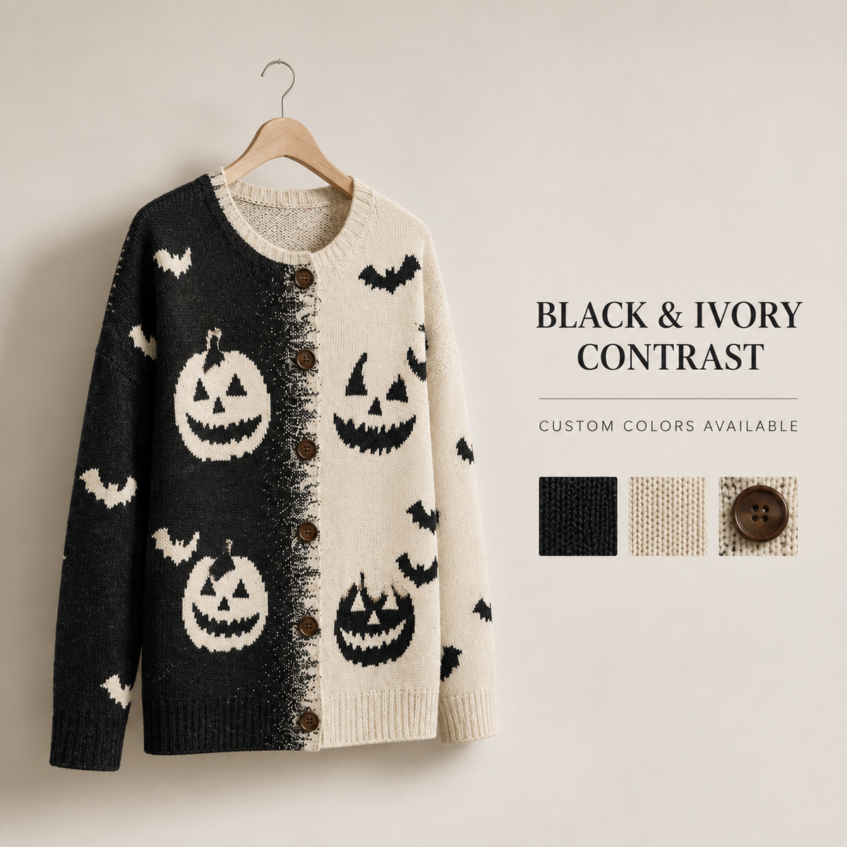 Split Pumpkin zwart ivoor cardigan detail