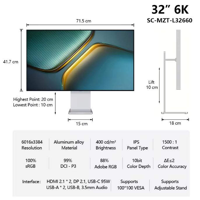 StudioView 32 6K afmetingen en technische specificaties