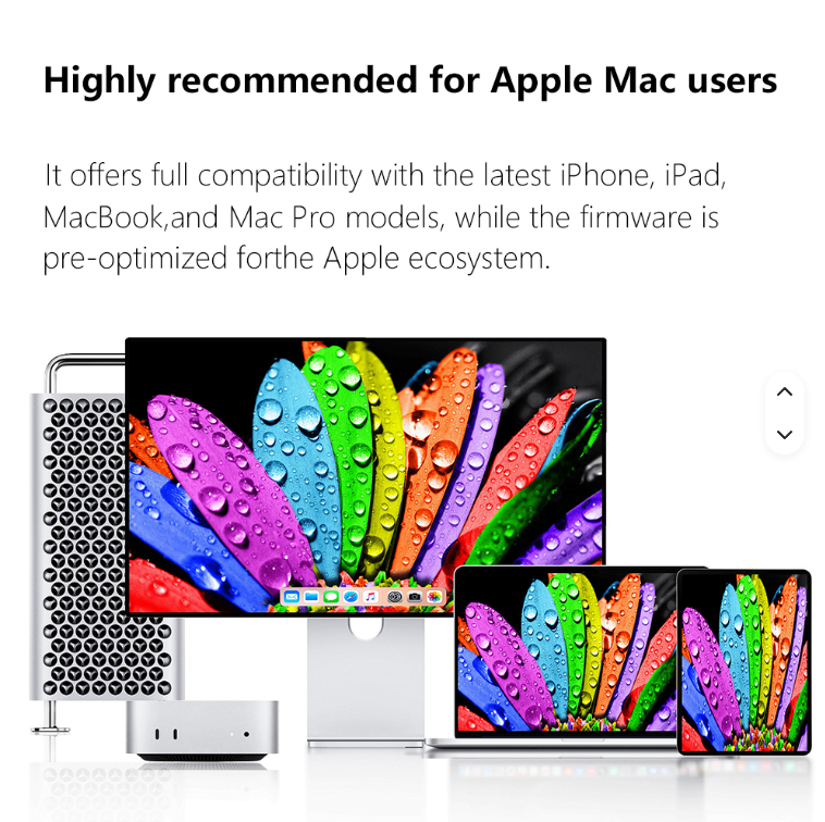 StudioView 32 6K monitor getoond met MacBook Mac Pro iPhone en iPad