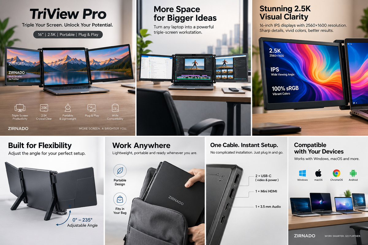 Zirnado TriView 16 Pro 2.5K triple laptop screen extender productoverzicht