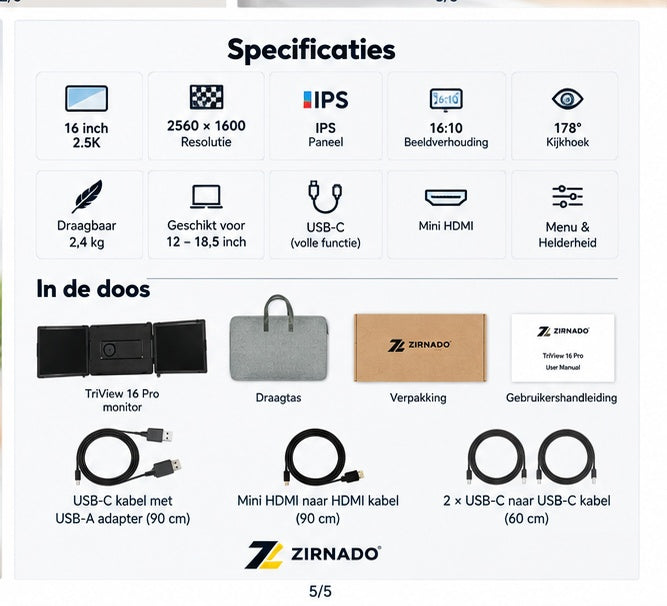 Zirnado TriView 16 Pro specificaties en inhoud van de doos